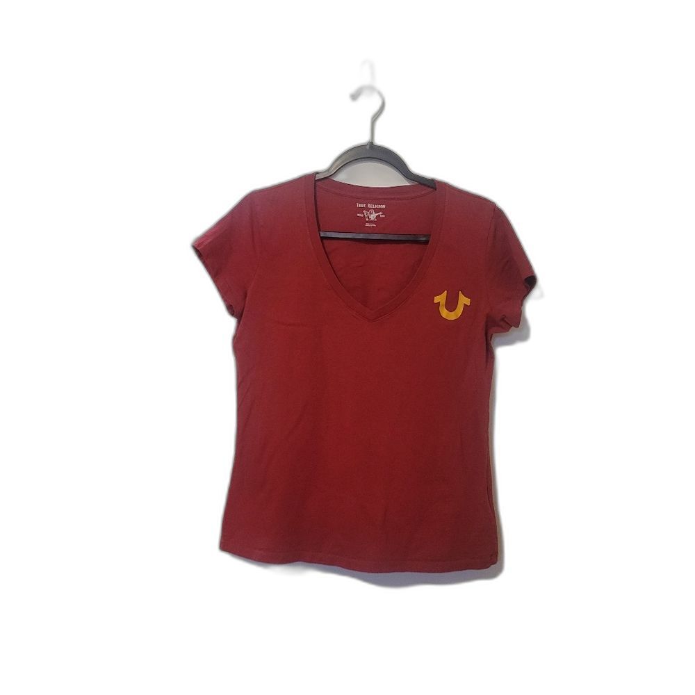True Religion Womens Top Red L V-Neck Short Sleeve T-Shirt